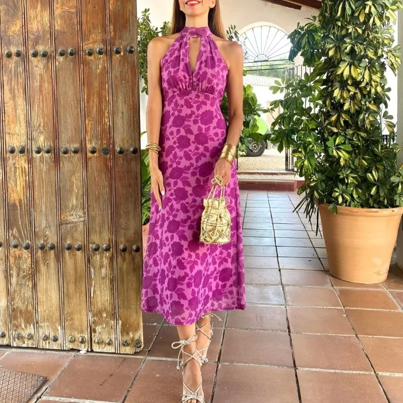 European and American style waist slim dress women\'s summer high-end halter neck backless temperament long dress