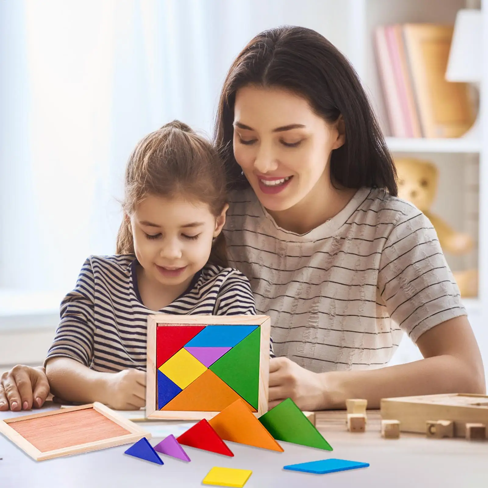 Puzzles Tangram en bois pour enfants avec 7 pièces colorées, jouet d'apprentissage éducatif pour garçons et filles, cadeau de fête amusant