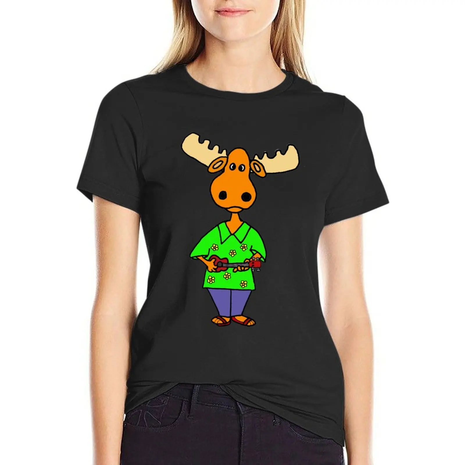 Funny Moose Playing Ukulele Music T-Shirt summer top lady clothes customizeds animal print t-shirts for Women loose fit