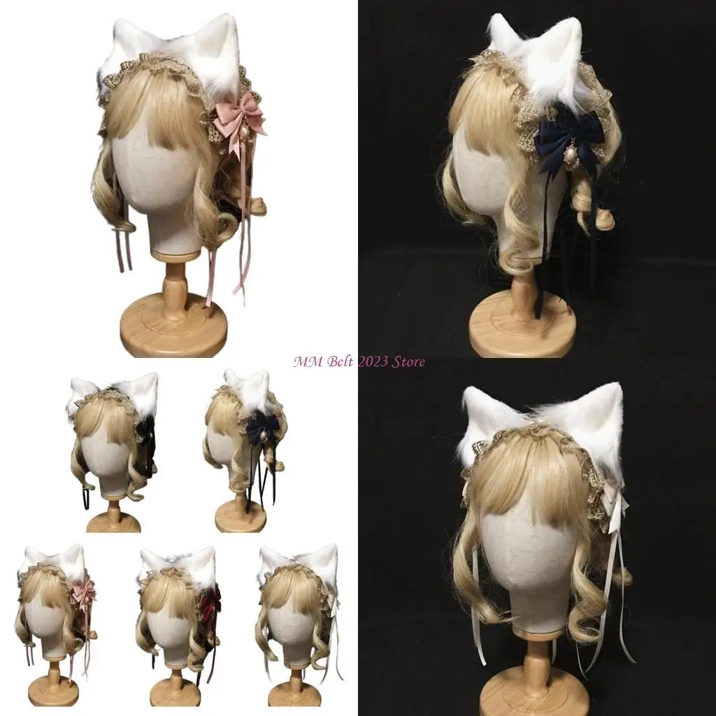 

49ME Japanese Maid Golden Lace Headband Ribbon Bow Plush Kitten Ears Hairband