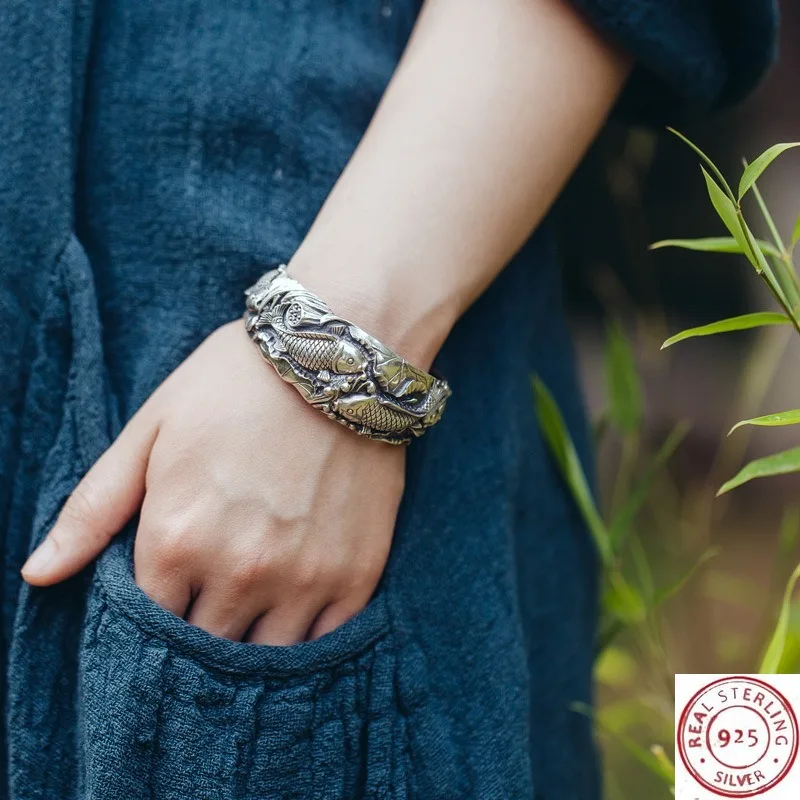 

New Luxury Double Fish Bracelet for Women, Vintage Open Cuff Lucky Fish Bangle, Elegant Ethnic Fashion Jewelry