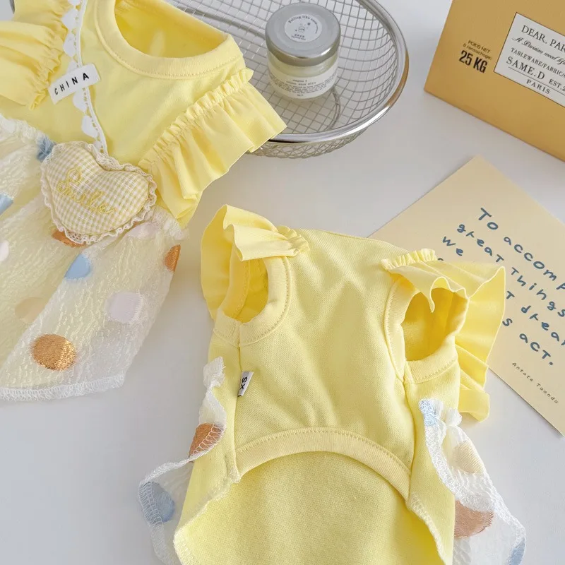 

Love Pattern Dog Clothes Summer Bichon Frise Yellow Plaid Skirt Pet Small Dog Breathable Halter Female Dogs