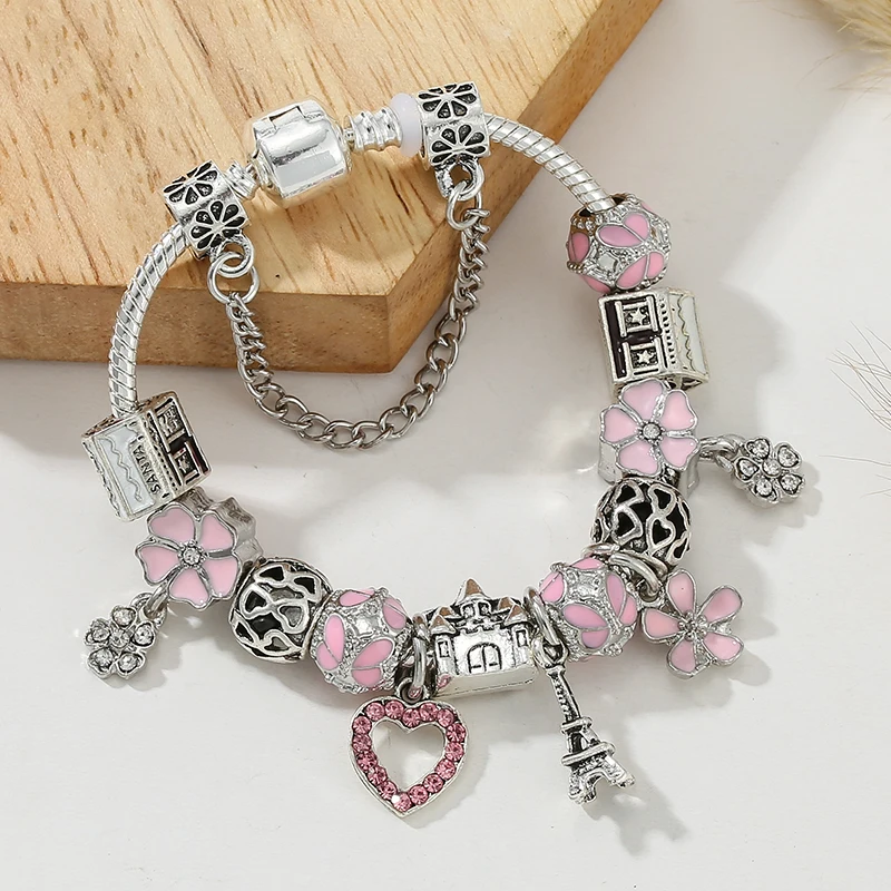 Silver Color Luxurious Charm Bracelet With Tower Heart Flower Pendant Bracelets For Women Valentine\'s Day Jewelry Dropshipping