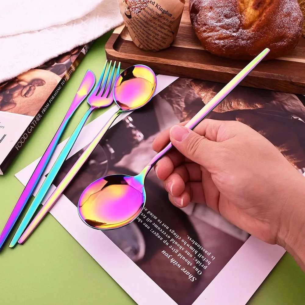 16Pcs Rainbow Dinnerware Stainless Steel Cutlery Set Knife Cake Fork Spoon Dinner Flatware Set Kitchen Silverware Tableware