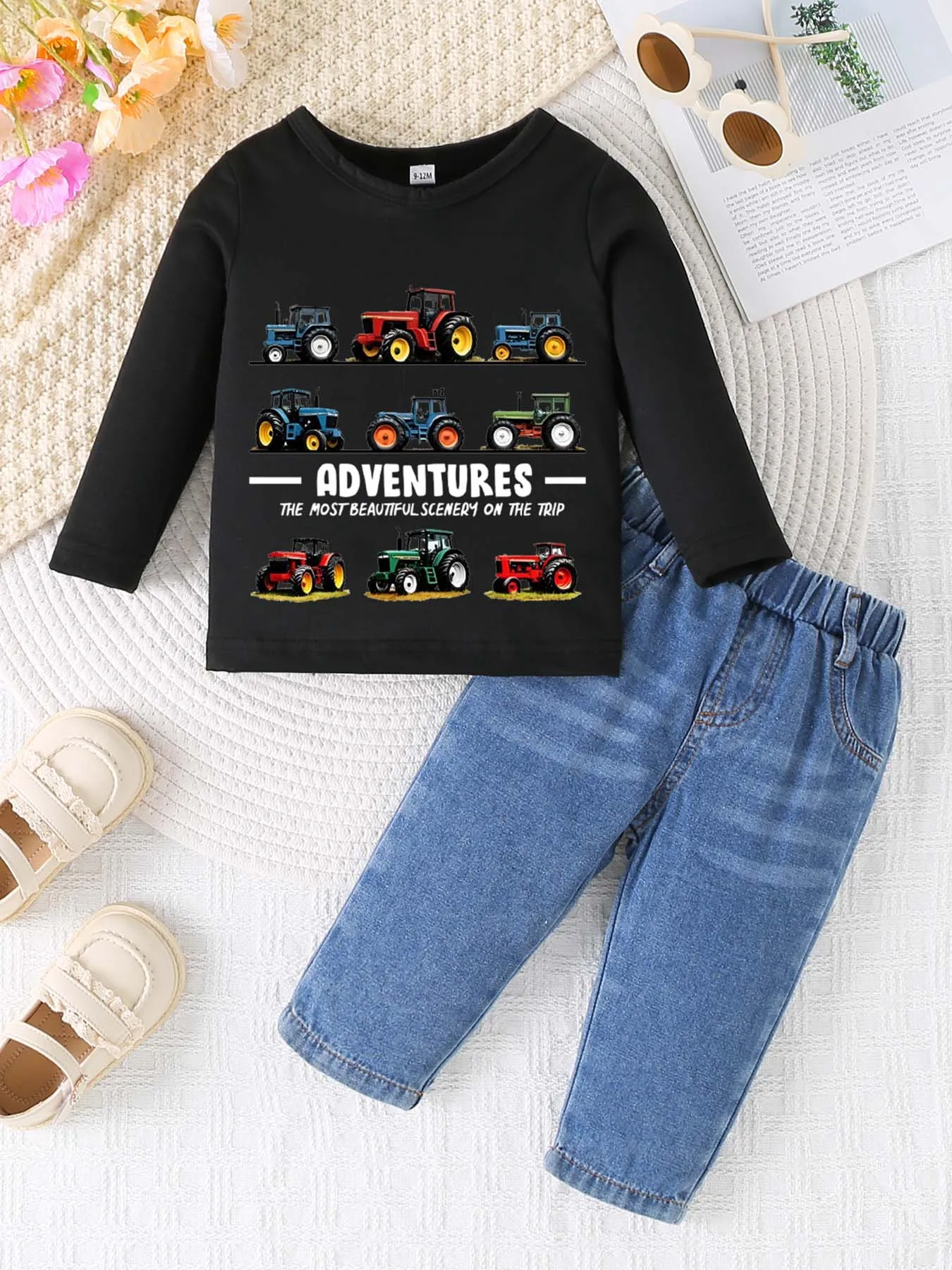 

0-3 Year Old Summer Newborn New Solid Color Printed Hoodie Round Neck Long Sleeve T-shirt+Jeans Set, Suitable for Male, Female,