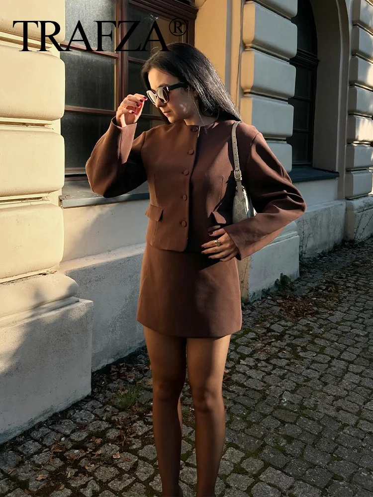 TRAFZA Women Brown Skirt Set Fashion Single Breasted O-Neck Pocket Short Coat + Solid Zipper Slim Mini Skirts Casual Streetwear