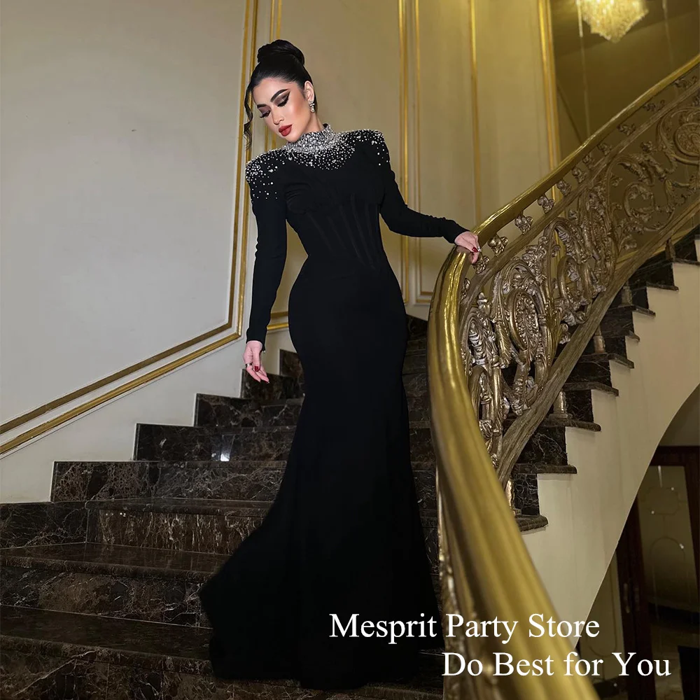 High Neck Full Sleeve Evening Dress Custom Size Beading Sequined Mermaid Prom Gown Robe De Soiree Black Party Dresses Long