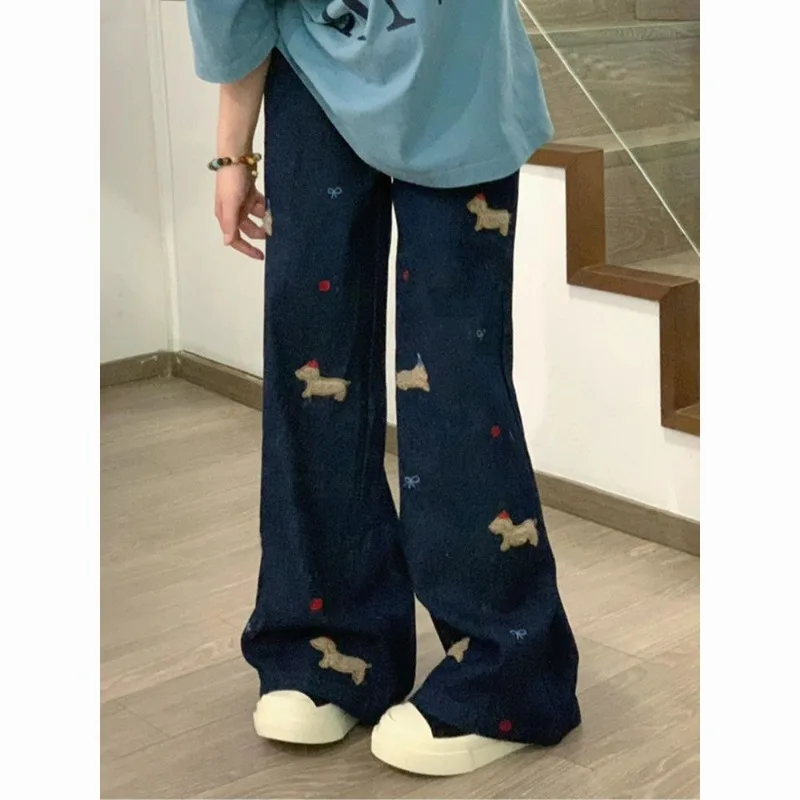 Vaqueros bordados de dibujos animados Vintage para mujer, moda de otoño e invierno, para oficina, cintura alta, pierna ancha, informal, combina con todo, tendencia recta