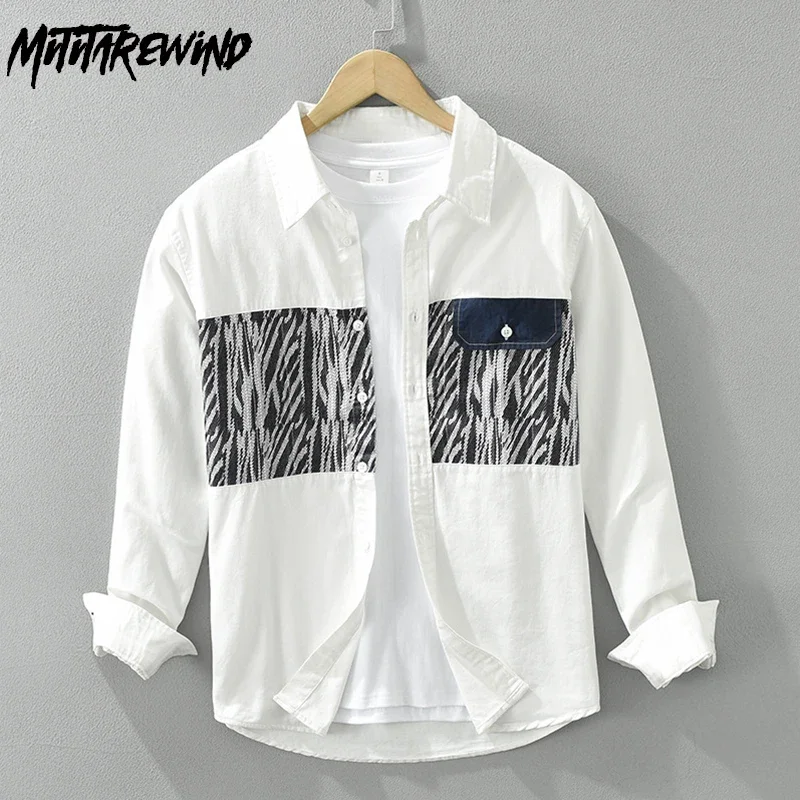 

Spring Summer New Mens Shirts Youth Fashion Japanese Streetwear Pure Cotton Tops Patchwork Designer White Shirt Men Casual Shirt