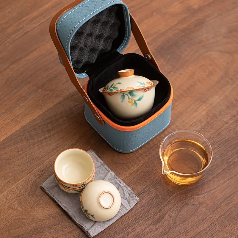 Ruyao Outdoor Travel Tea Set Portable Bag Ceramic One Pot Three Cups Covered Bowl Tea Cup Quick Cup Business Companion Gift