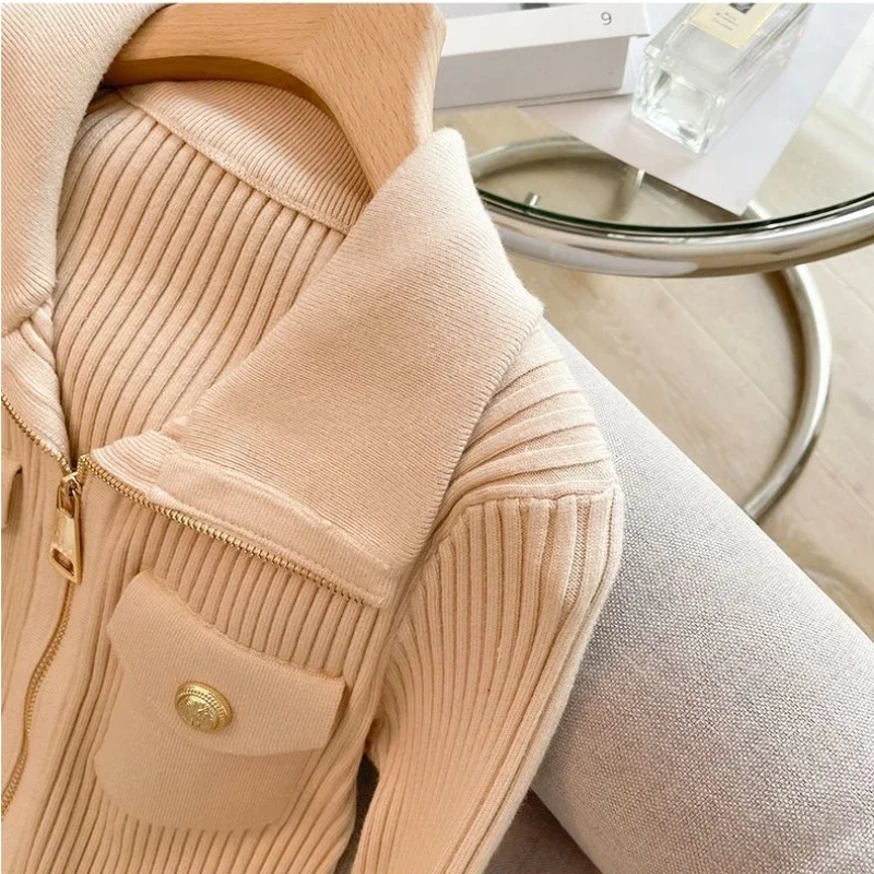 Cárdigans cortos sólidos con cremallera para mujer, suéteres básicos de moda coreana, elegantes, cuello vuelto, prendas de punto E3375, Otoño e Invierno