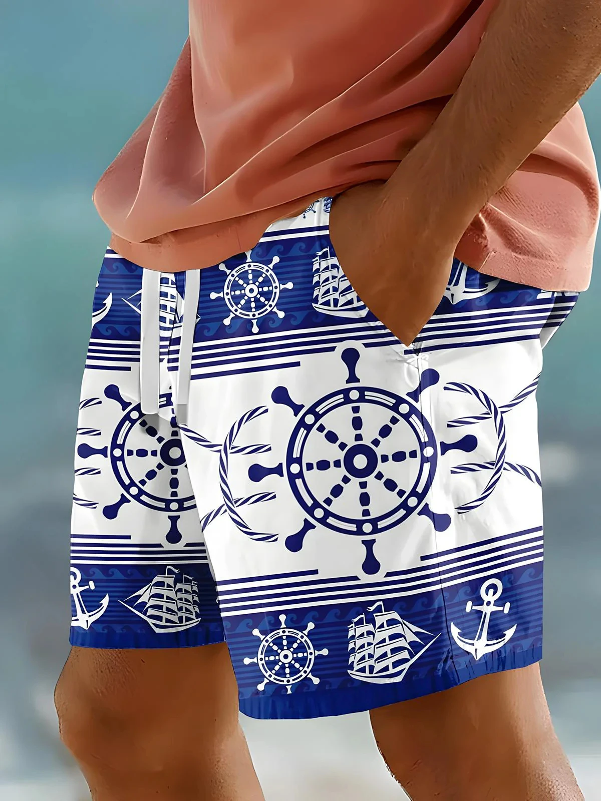 3d anchor print men's swimsuit japanese fish hawaiian shorts men summer swim shorts drawstring casual shorts