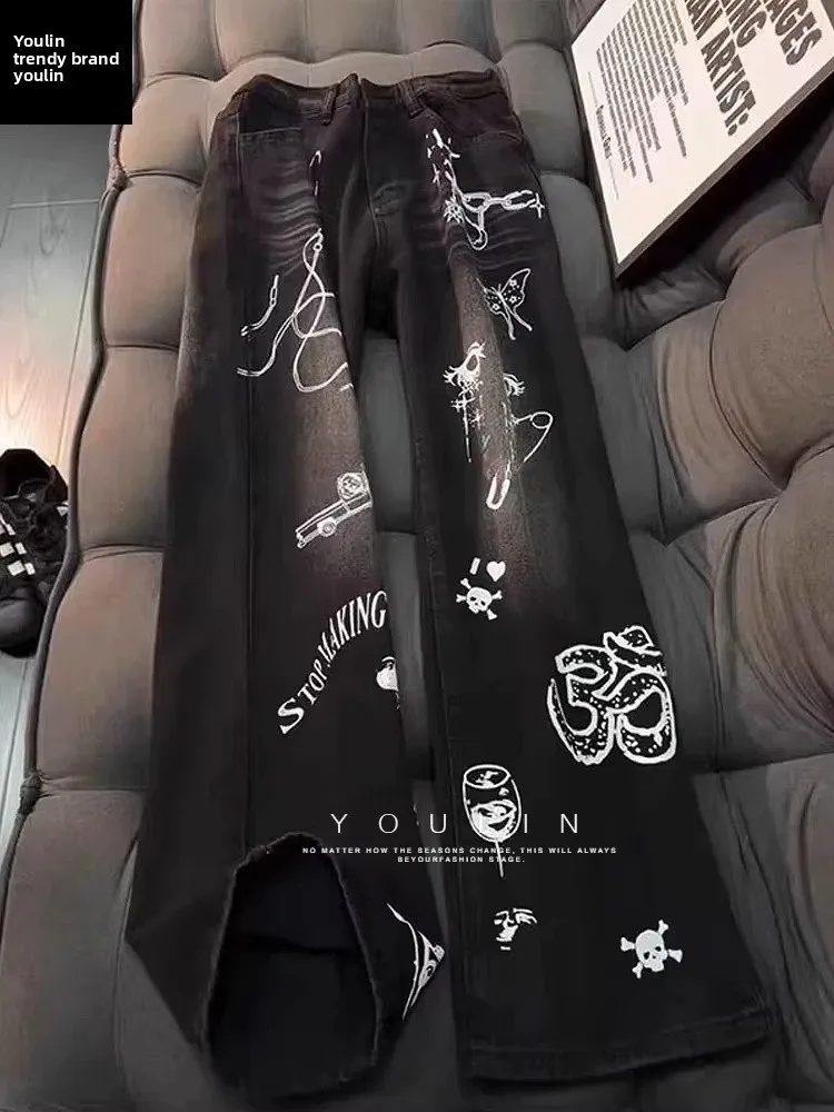 

Мужские джинсы прямого кроя в стиле мультфильма, осенне-зимние, уличные, облегающие, расклешенные, длинные брюки, цвет черный