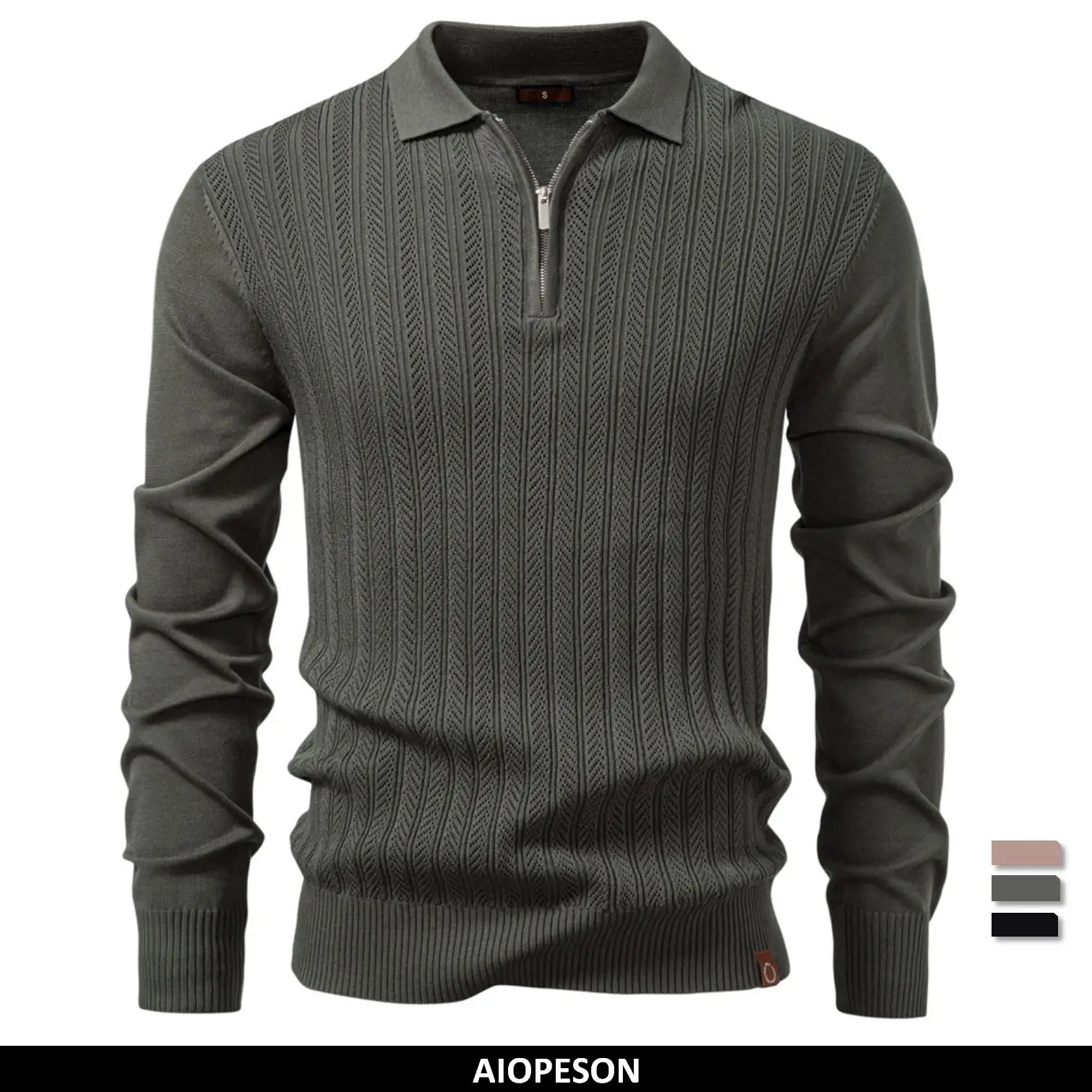 

AIOPESON Premium Solid Color Polo Men Slim Fit Zip Long Sleeve Luxury Textured Fabric Business Casual Mens Sweatshirt