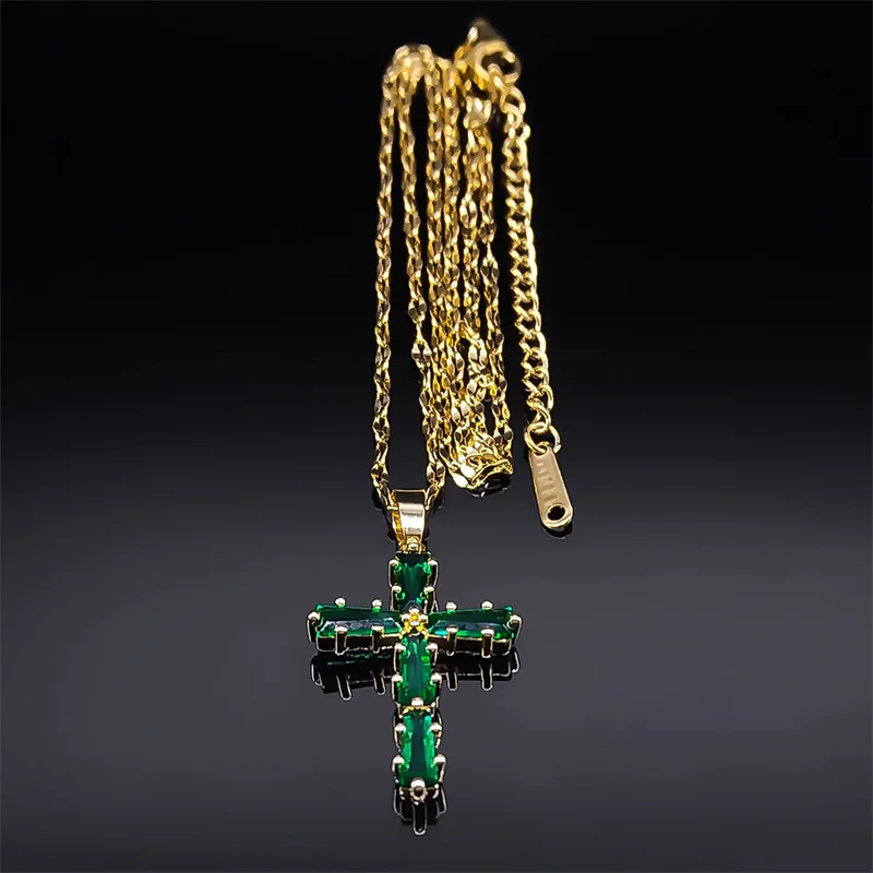 Vintage Green Zircon Simple Cross Necklace For Women Stainless Steel Chain Luxury Pendant Exquisite Necklaces 2024 Jewelry Gifts