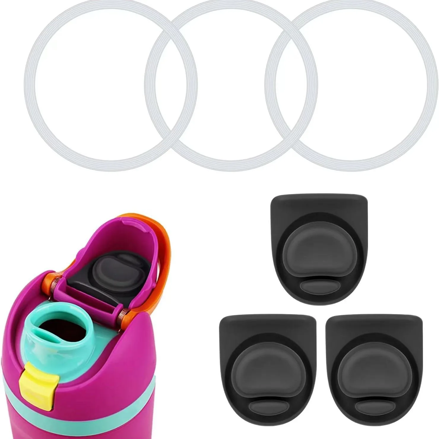 3pcs Bottle Seal Ring & 3pcs Replacement Stopper for Owala FreeSip 24oz 32oz, BPA-Free Silicone O Ring Water Bottle Top Lid Repl