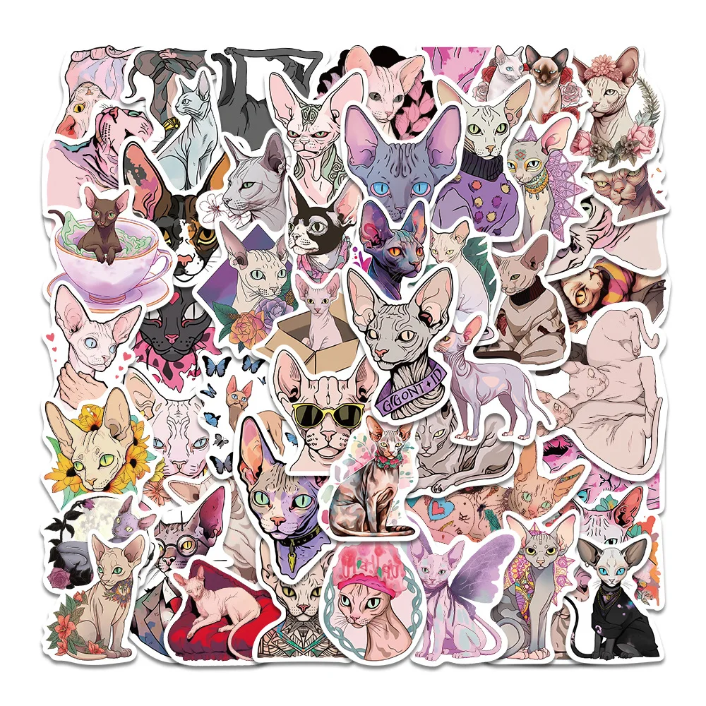 

10/50PCS Sphynx Cat Cute Cat Cartoon Image Animal Graffiti Decorative Suitcase Guitar Laptop Waterproof Stickers Kids Toy