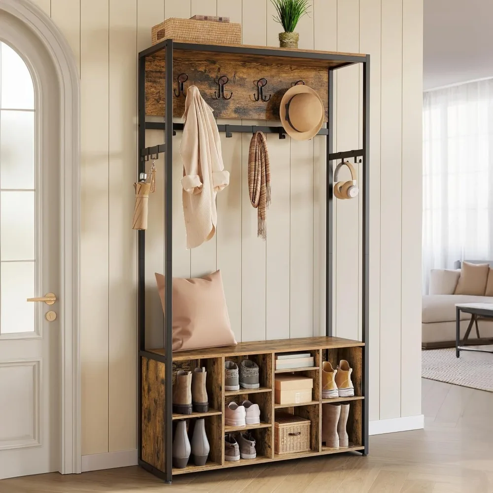 

Hall Tree with Bench and Shoe Storage, Coat Rack with Shoe Bench, Entryway Furniture, Open Compartments, Industrial Styl
