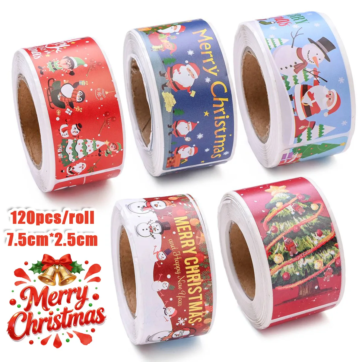 120-600 Pcs Christmas Rectangle Stickers Merry Christmas Santa Snowman Sticker for Gift Wrapping Envelope Seals Xmas Party Decor