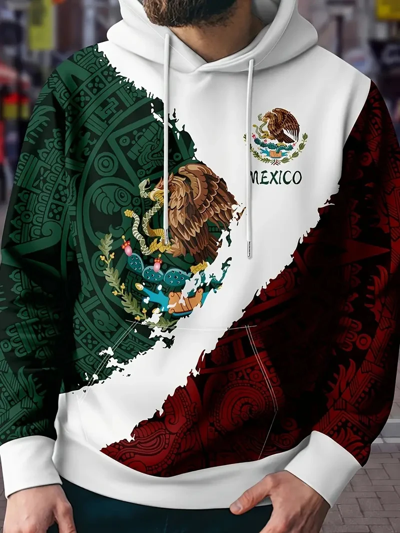 Fashion Mexico National Flag Eagle Print Men's Hoodies Oversized Sweatshirts 2024 Autumn New Casual Pullover Tops Men Clothes