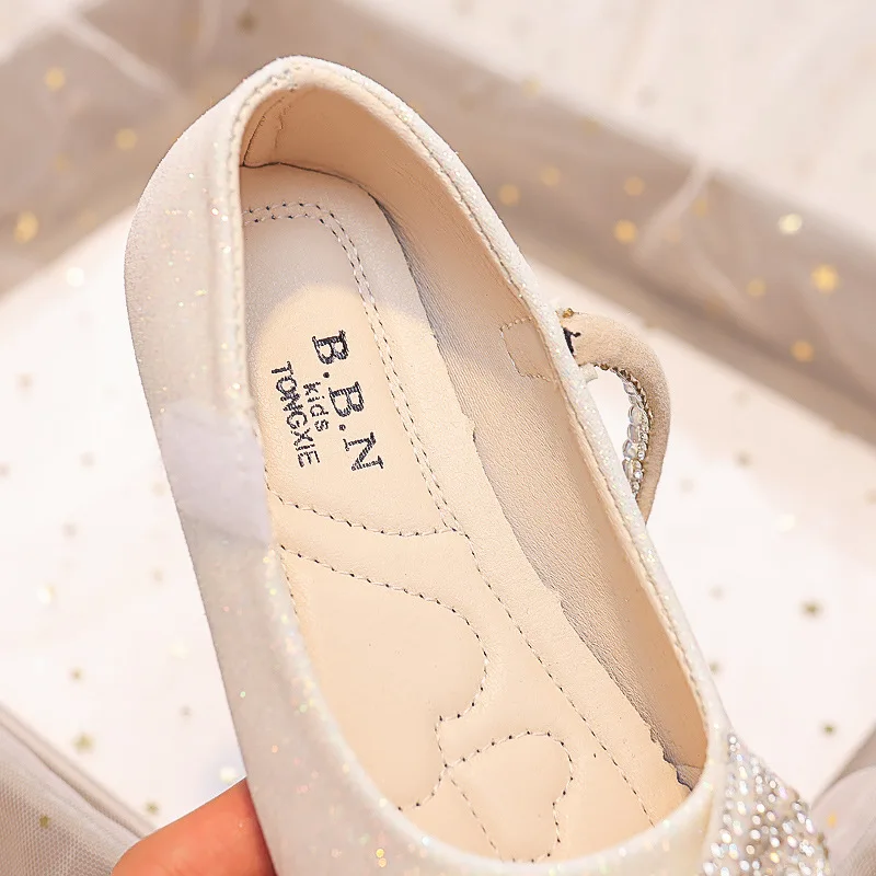 Shiny Rhinestones Bow Round-toe Kids Shoes Non-slip Moccasin Flat Shoes Children Mary Janes for Party Wedding Shows Girls