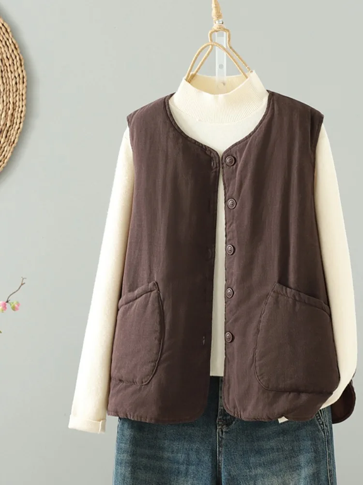 

Retro Artistic Women's Thickened Cotton Vest Outerwear Winter Warm Double Cotton Shoulder Pad Layered Wear Jacket Coat