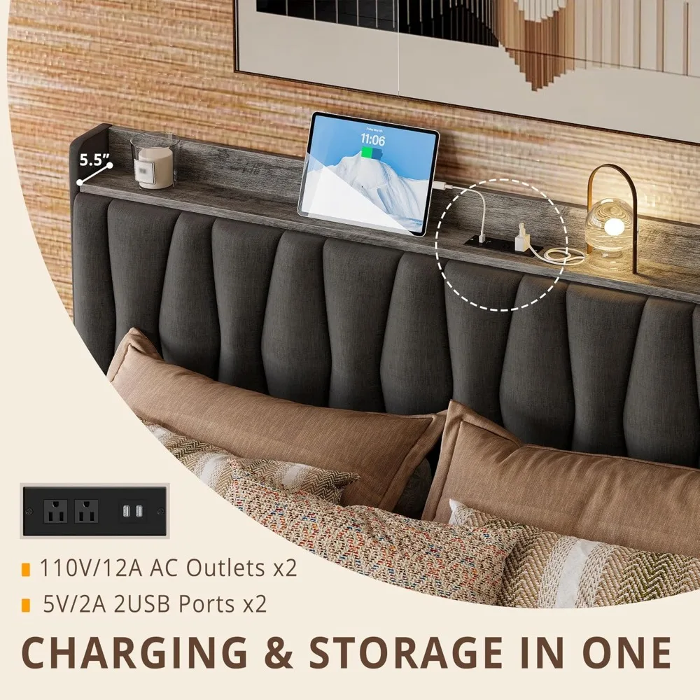 King Size Bed Frame with Storage Headboard and Charging Station, Upholstered Platform Bed with 3 Drawers, No Box Spring Needed image 3