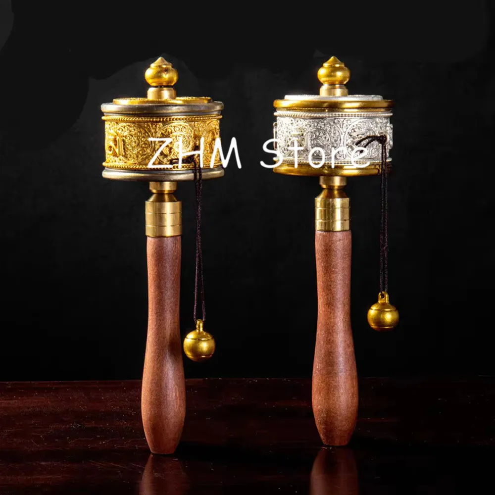 19.5cm Gold/Silver Alloy Copper Tranic Buddhist Clear Six Words Scriptures Smooth Hand Cranking Prayer Wheel