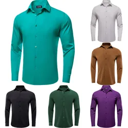 Hi-Tie Turquoise Mens Shirts Solid Long Sleeves Turndown Collar Wedding Shirt Pink Purple Beige Blue Red Orange Black Grey