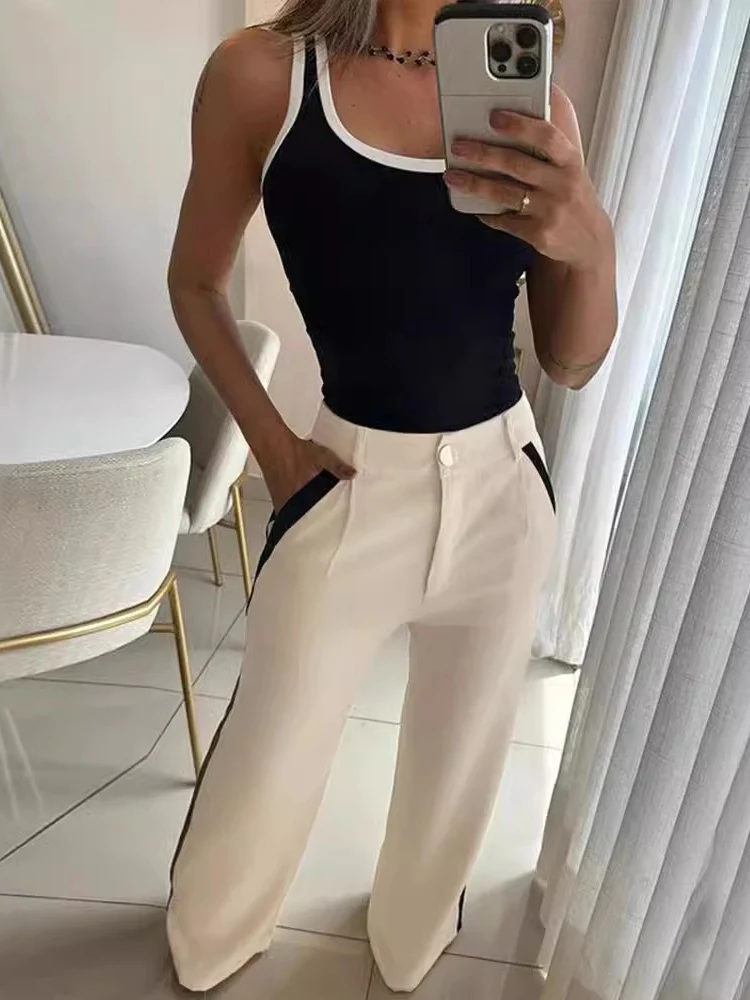 Casual Two Piece Sets Women Outfit Fashion 2024 Spring Contrast Binding Sleeveless Tank Top & Striped Pants Set Female Suits