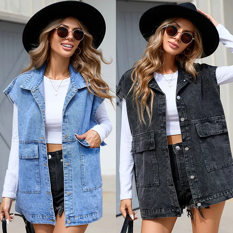 Women's Denim Vest Mid-length Spring and Summer Loose-fitting Drop Shoulder Sleeveless Vest Fashionable