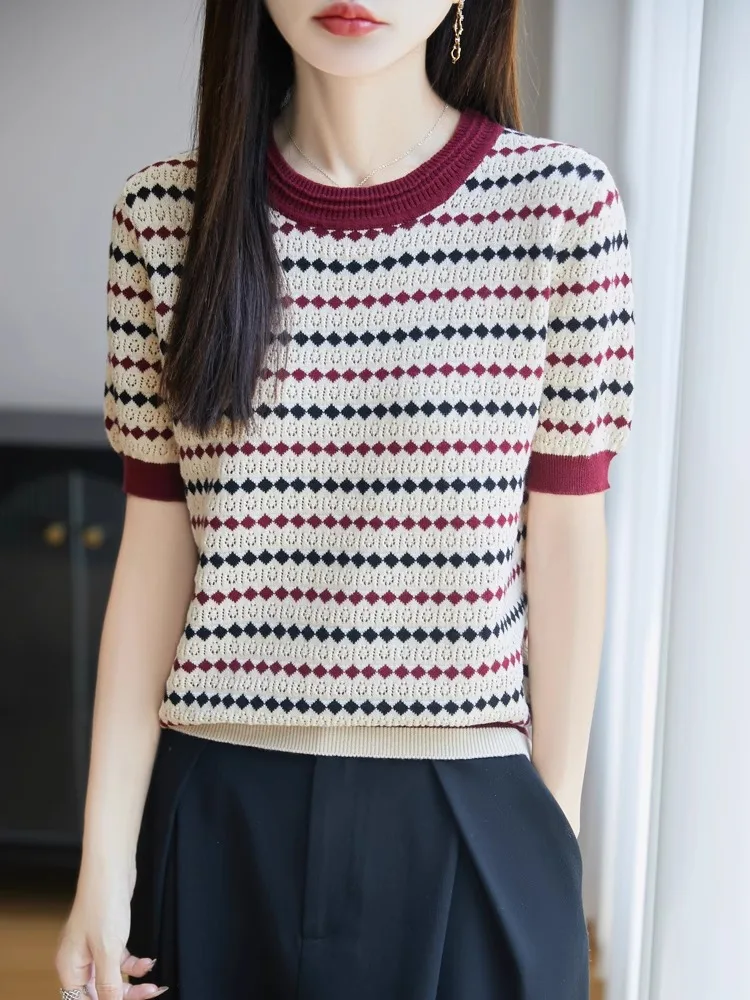 100% Pure Cotton Summer Thin Knitted Short Sleeve T-Shirt Women's Comfortable Base Layer Classic Stripe Pattern round Neck Top