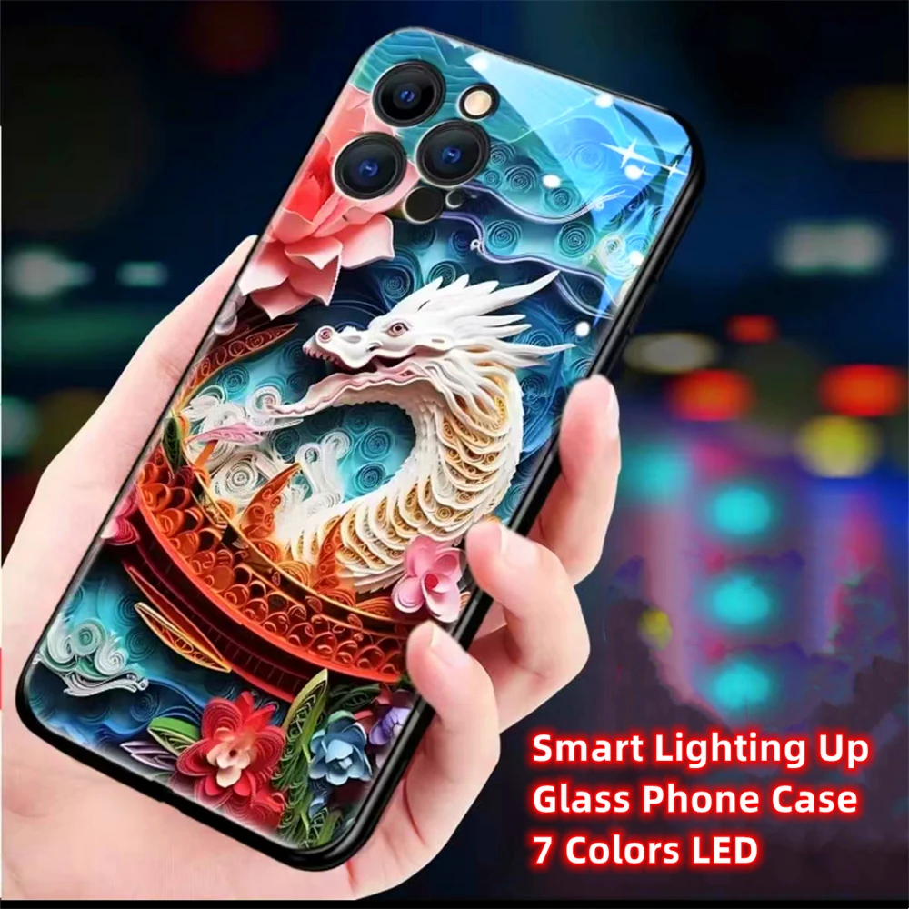 Origami Sea Dragon Smart LED Light Glow Tempered Glass Phone Case For iPhone 15 14 13 12 11 Pro Max XR XS Plus 6 7 8 SE2020