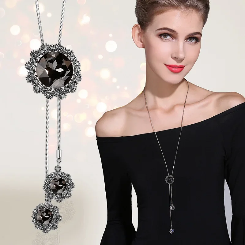 Collier Femme Long Gray Crystal Snowflake Necklaces & Pendants for Women Statement Necklace Maxi Colar Chain Fashion Jewelry