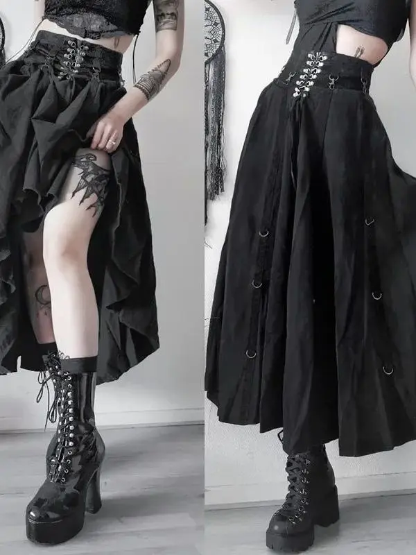 

Юбка-трапеция в темном стиле, облегающая, средней длины, женская, с завышенной талией, из полиэстера, для повседневной носки