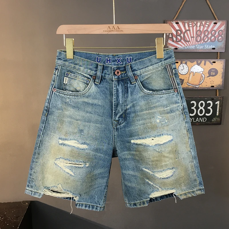 

2025 Premium Ripped Destroyed Denim Shorts for Men Relaxed Straight-Cut Patchwork Luxury Washed Summer Casual Mid-Length Shorts