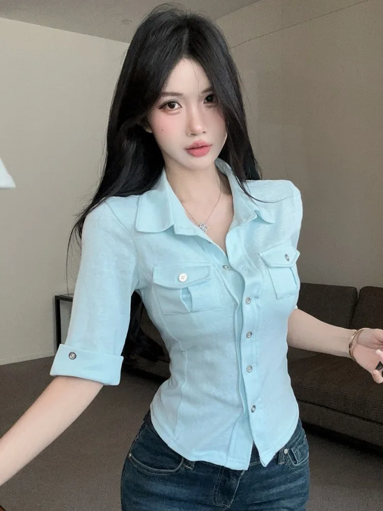 

Slim Fit Short Sleeve Neck Shirt Women's Fashionable Summer New Waist Cinched Pure Desire Little Top Korean Style Commut...