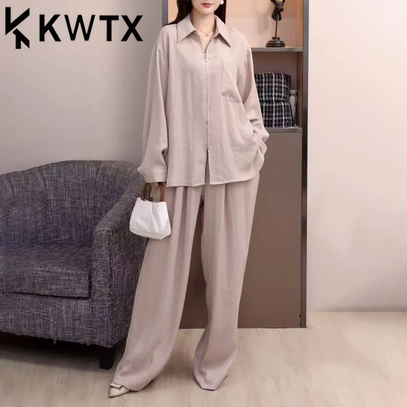 

KWTX Women's Casual Two Piece Set Zip Lapel Jacket Drawstring Wide Leg Pants Minimalist Premium Comfortable Spring Summer 2025