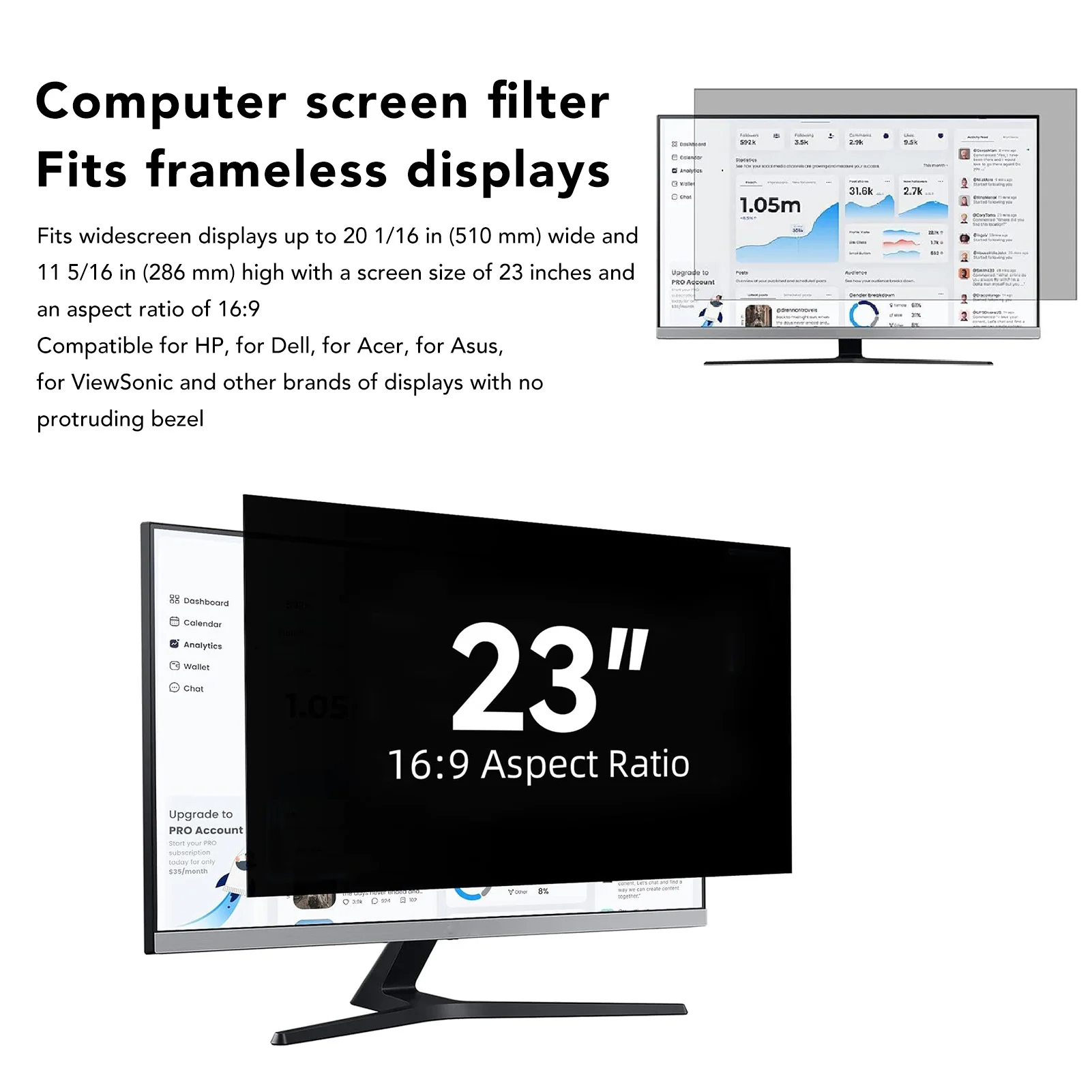 

23in PC Screen Protector Electrostatic Adsorption Double Sided Use Scratch Resistant Private Screen Protector for Office PC