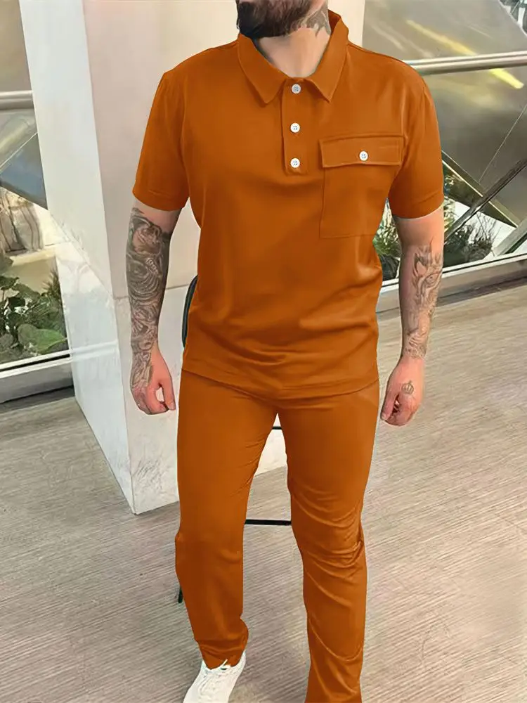 

Spring and Autumn European and American Style Men's Pocket Short Sleeve Long Pants Casual Trendy Sports Suit