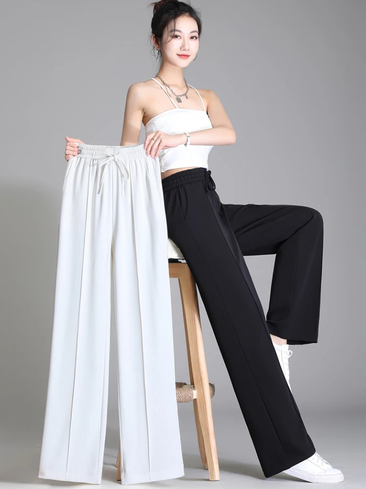 S-5XL Summer Women Suits Pants Casual Elastic High Waist Loose Wide Leg Pants Ice Silk Sagging Ladies Trousers Floor Length