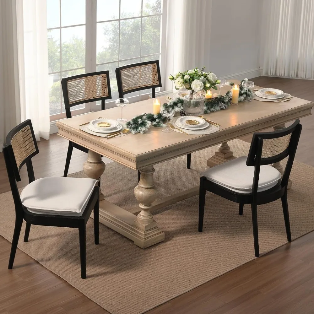 Rattan Dining Chairs ,Mid Century Modern Black Wooden Cane Back Chairs with Removable Linen Cushion ,Retro Farmhouse Upholstered