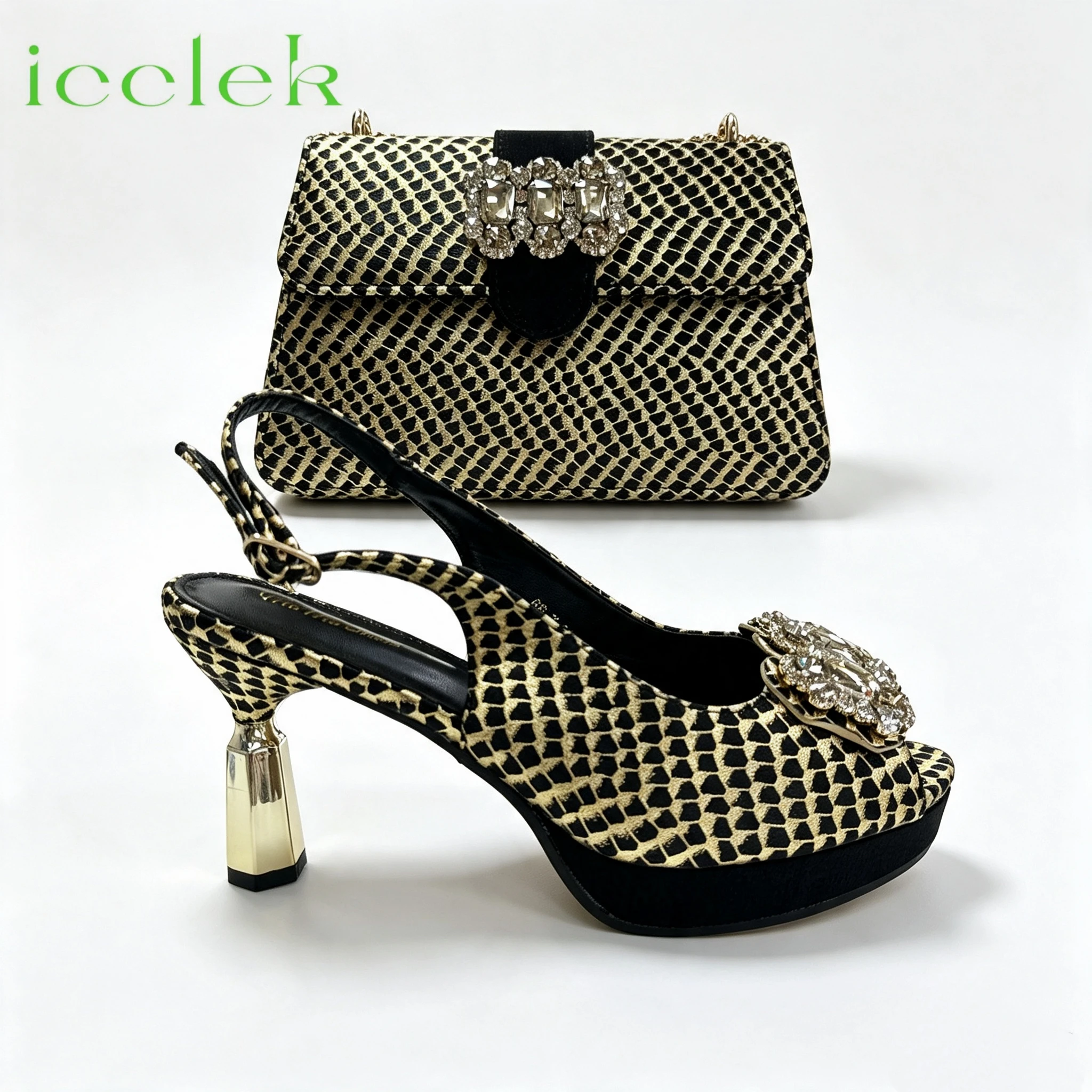 Gold Color 2027 Elegant Women's Peep Toe High Heels and Matching Diamond Pumps Set Stylish Italian Shoes and Bags for Parties
