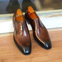 Italian Flat Mens Dress Shoes Luxury Genuine Leather Brand Handmade Quality Square Toe Laces Up New Business Party Social Shoes