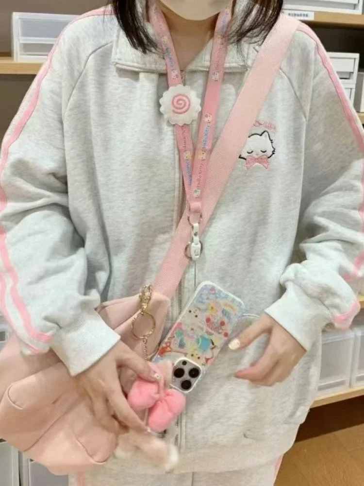 HOUZHOU-Sudadera con capucha y cremallera para mujer, suéter de gran tamaño con bordado de gato rosa, estilo Harajuku, Kawaii, moda japonesa,