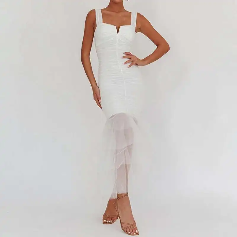Sexy Off Shoulder Slim A-Line Elegant Solid Color Sleeveless Suspender Prom Dresses Mesh Patchwork Wrap Women's Long Dress