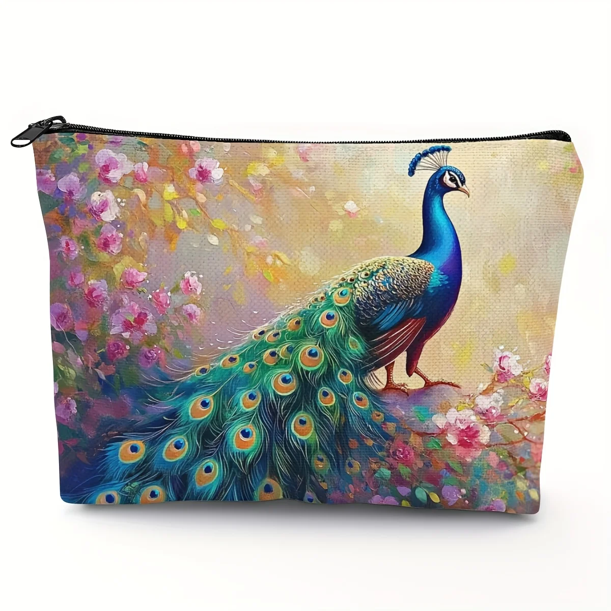 1pc Vibrant Peacock Oil Painting Cosmetic Bag - Lightweight, Casual, Hand Washable with Zipper Closure