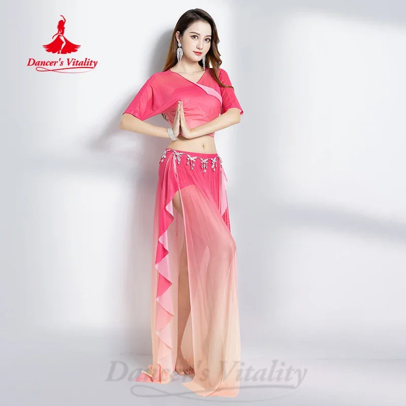 Belly Dancing Practice Clothes for Women Comfortable Elegant Gradient Mesh Long Skirt Set Adult Oriental Dance Training Clothing