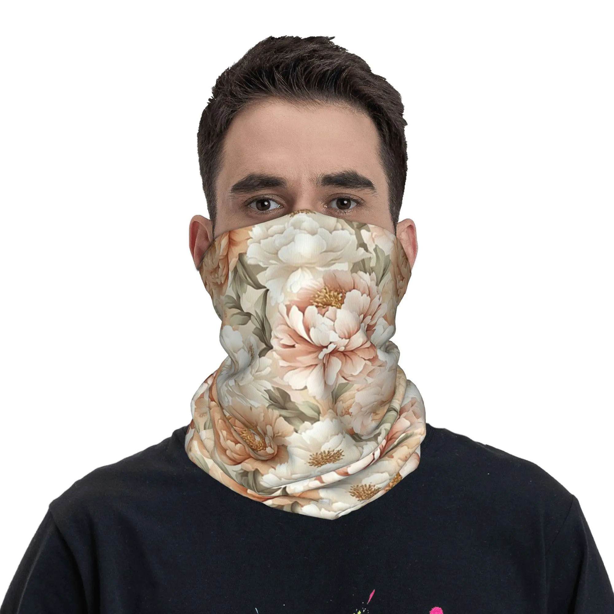 Dreamy Beige And Ivory Peony Floral Neck Cover Printed Wrap Mask Scarf Outdoor Sports Unisex