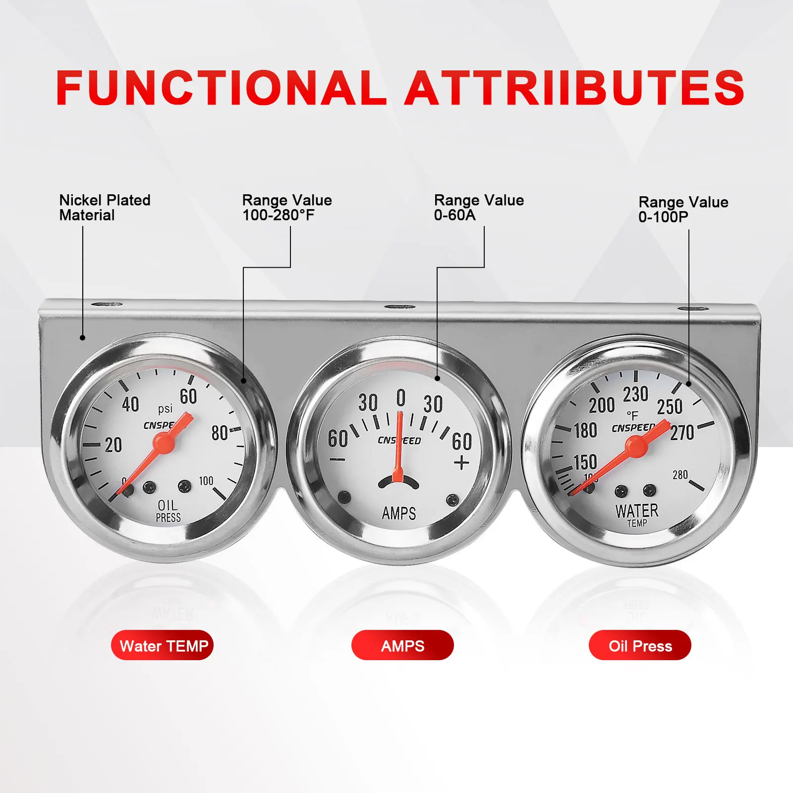 2" Amp Gauge Water Temp Oil Pressure meter Triple Auto Gauge Set with sensor  YC101323